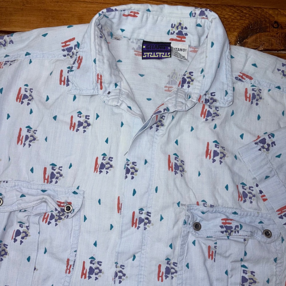Vintage Gitano Button Shirt Mens Large Blue 1990s Geometric Abstract Gauze READ